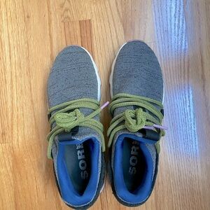 Sorel Gray and Green Sneakers with Thick Soles and Bright Laces